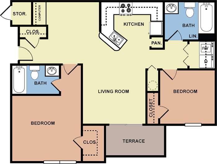 Floor plan for 2 beds, 2 baths, 968 sqft